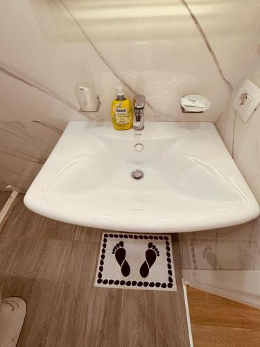 a bathroom with a sink with a dog footprint rug at Orfeu apartments Ksamil in Ksamil