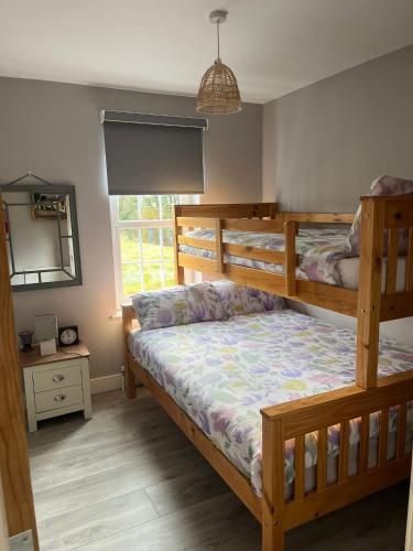 a bedroom with two bunk beds and a mirror at Terry Joe Cottages in Newry