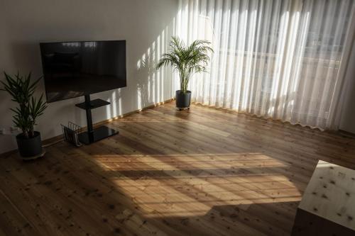 a living room with a flat screen tv and plants at Chasa Helvetia Quatter in Müstair