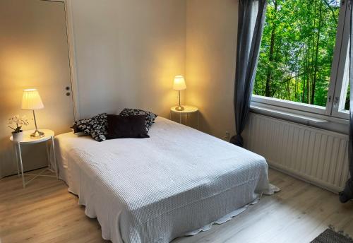 een slaapkamer met een bed met 2 lampen en een raam bij Teachers Apartment, Tahko, TV, Sauna, Shower, WiFI, Pets OK, Budget, Wanha Koulu Tahkovuori in Reittiö
