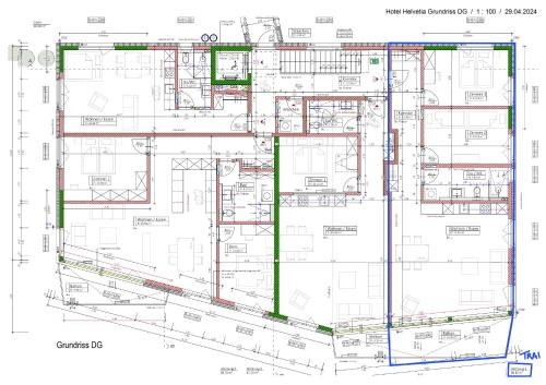 a plan of a building with red and green at Chasa Helvetia Trai in Müstair