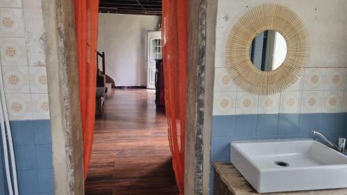 uma casa de banho com um lavatório, um espelho e um corredor em La vergne em Mézières-sur-Issoire