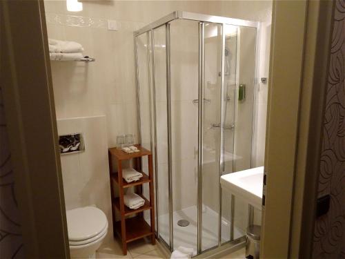 a bathroom with a shower and a toilet and a sink at Hotel Mitra, Story Hotels in Ptuj