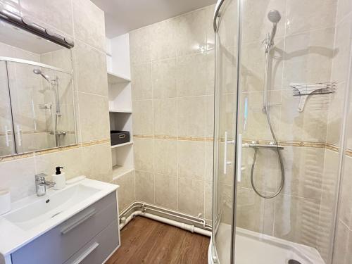 un baño con ducha y lavabo en L'Éperon - Centre - Parking - 6 pers, en Le Mans