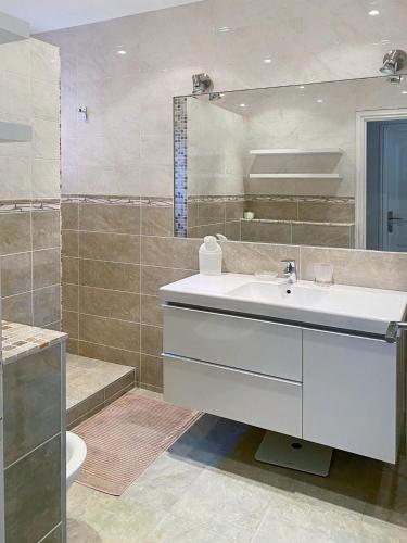 une salle de bain avec un lavabo et un miroir dans l'établissement La Pastourelle - 360 Sea , Cap d'Antibes & Mountain View, à Vallauris