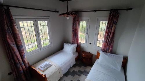 a bedroom with two beds and two windows at Dimelia Heaven Farm House in Kranidi in Kranidi