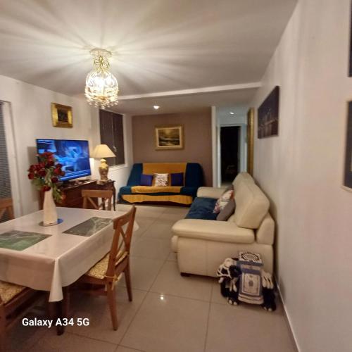 uma sala de estar com um sofá e uma mesa em Appartement d'une chambre avec terrasse et wifi a Paray Vieille Poste em Paray-Vieille-Poste