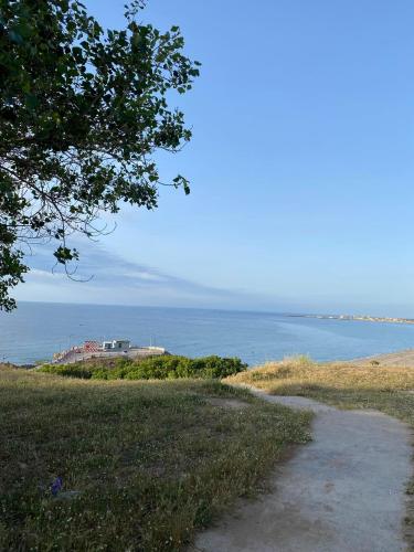 a path leading to a beach with the ocean in the background at villa vue mer plage sghirat in Benhammouch