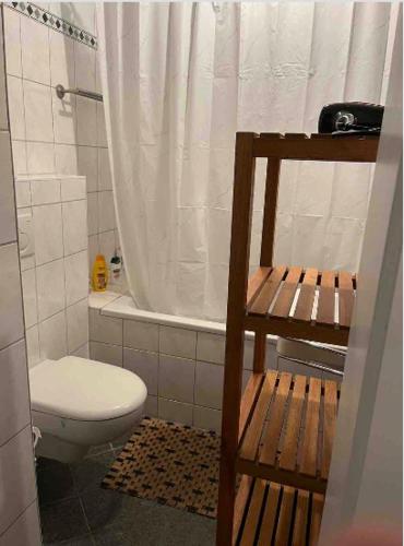 łazienka z toaletą i zasłoną prysznicową w obiekcie Schöne 45qm große Wohnung in München Schwabing, 5 min vom Fußball Stadium entfernt,5 min bis zum Stadtzentrum w Monachium