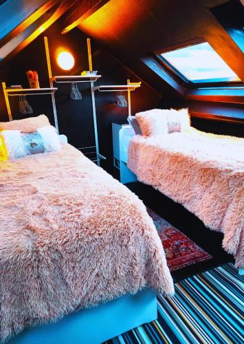 - une chambre avec 2 lits et des couvertures roses dans l'établissement Duplex Atypique à Bruxelles, à Bruxelles
