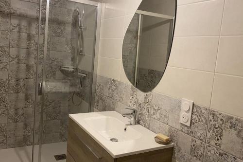 a bathroom with a sink and a mirror and a shower at Le cocon du Faubourg in Vendôme
