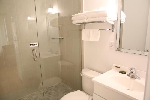 a bathroom with a shower and a toilet and a sink at Xiao Wang in Toronto