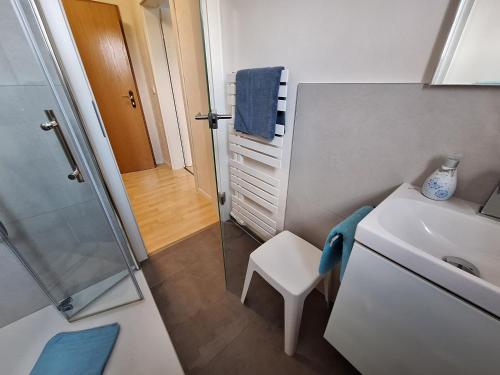 La salle de bains est pourvue d'un lavabo, d'une douche et d'un tabouret. dans l'établissement Wagener's Hof Apartments, à Bad Wildungen