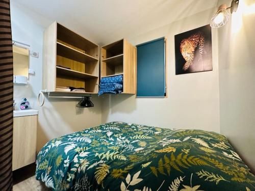 une chambre avec un lit avec une couverture verte dans l'établissement Fonctionnel - 2 chambres - bien situé à 300m de la Plage - Parking Privé de Juin à Sept, à Canet