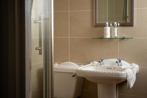 La salle de bains est pourvue d'un lavabo et d'une douche. dans l'établissement The Golden Lion at Settle, à Settle