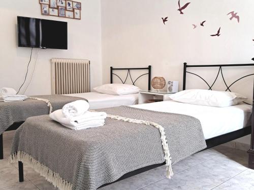two beds in a room with birds on the wall at Ariadne Studio in Kyparissia