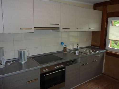 a kitchen with a sink and a stove top oven at Hilma in the holiday home Bero in Bärenwalde