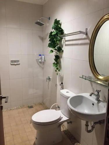a bathroom with a toilet and a sink and a mirror at Kallista Villa Kalibaru in Kalibaru
