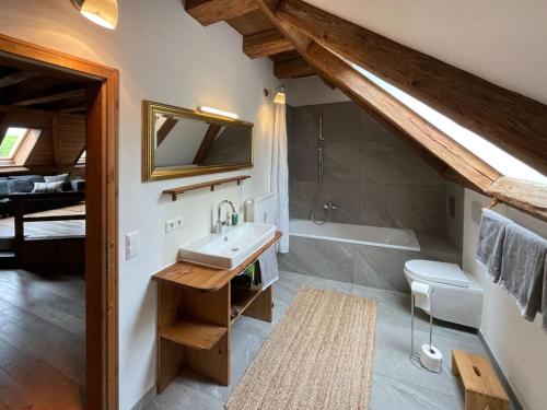 a bathroom with a sink and a bath tub at Landgoed Vier Seizoenen in Wangen im Allgäu