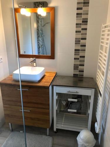 une salle de bain avec un lavabo et un miroir dans l'établissement Villa vacances avec piscine entre Océan et Bassin, à Lège-Cap-Ferret