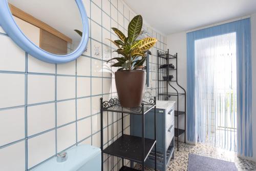 a bathroom with a potted plant on a tiled wall at OkStay Las Teresitas Tenerife Casa cueva in Güimar