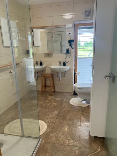 a bathroom with two sinks and a shower and a toilet at Capo House in Gračišče
