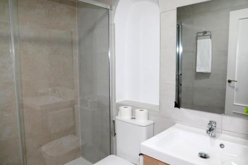 a bathroom with a shower and a toilet and a sink at Duplex Mojácar Beach in Mojácar