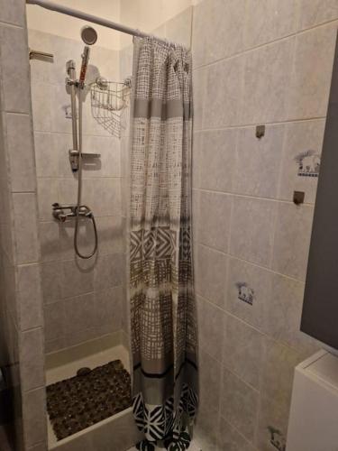 une douche avec un rideau de douche dans une salle de bain dans l'établissement Appartement Comme à la maison, à Le Breuil