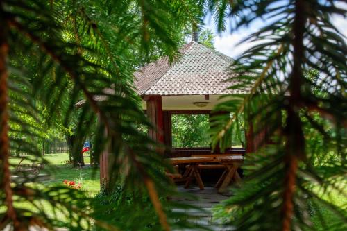 a wooden picnic table in front of a cabin at Villa Bravo Breaza in Breaza