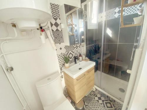 une salle de bain avec toilettes, lavabo et douche dans l'établissement Charmant appartement à 10 mn de Paris, à Maisons-Alfort