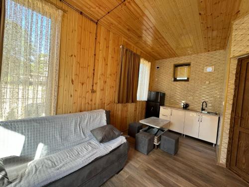 a living room with a couch and a table at Cottage ,,Okatsia” ოკაციას კოტეჯები in Gordi