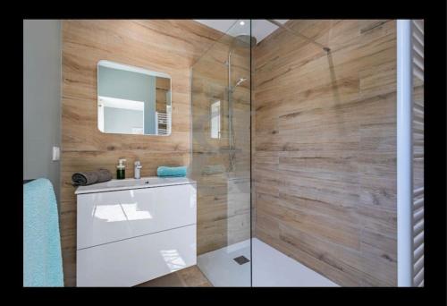 une salle de bain avec une douche avec un lavabo et un miroir dans l'établissement Au pied des Alpilles villa 3 chambres, à Saint-Rémy-de-Provence
