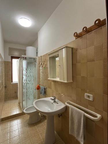 ein Bad mit einem Waschbecken, einer Dusche und einem WC in der Unterkunft Appartamento "Maruzzella" in Agropoli