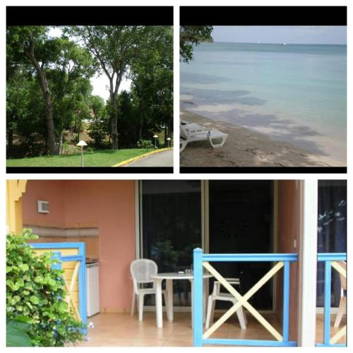 two pictures of a house with a table and chairs at Chez Chrys in Sainte-Anne