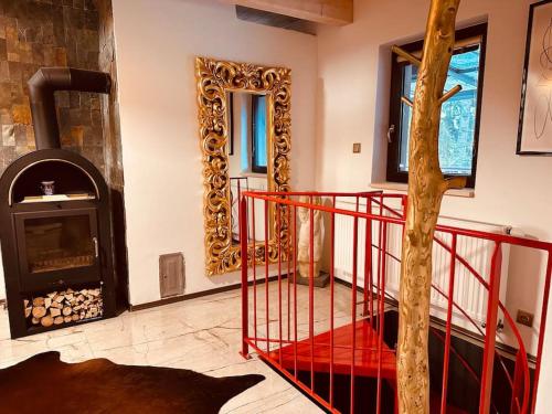 Ένα ή περισσότερα κρεβάτια σε δωμάτιο στο Luxury chata Frymburk-Vřesná