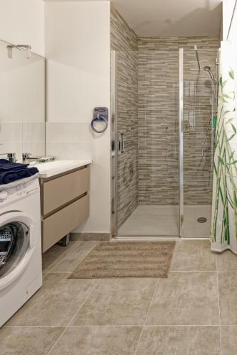 une salle de bain avec douche et machine à laver dans l'établissement Newquay Sunset, à Dinard