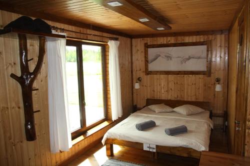 1 dormitorio con 1 cama en una habitación con ventana en Dīķsalas, en Gulbene
