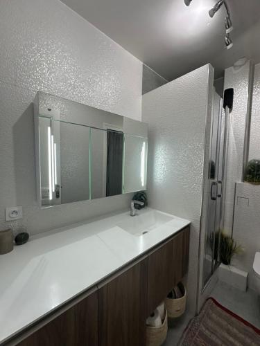 une salle de bain blanche avec un lavabo et un miroir dans l'établissement Apparemment au bord de Paris, à Levallois-Perret
