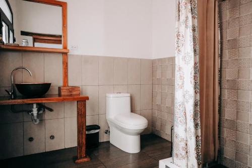 a bathroom with a toilet and a sink at Hotel Casa Alquimia in Quito