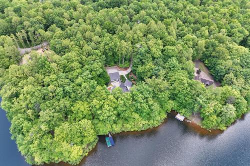 an aerial view of a forest with a house in the water at Lakefront Roxboro Home with Private Dock! in Roxboro