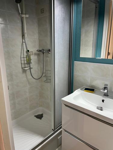 une salle de bain avec douche et lavabo dans l'établissement Maison T2 + cabine dans résidence avec piscine, à Marseillan