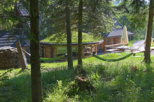 a log cabin with a hammock in the woods at Chata Baba Yaga in Ždiar