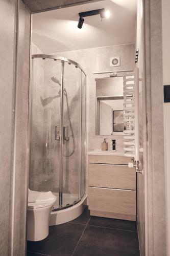a bathroom with a shower and a toilet at Holiday Siesta Pensjonat, Domki in Rewal