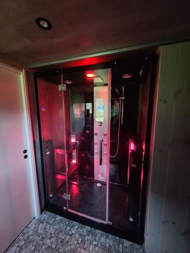 a glass door to a bathroom with red lights at Microen in Stryn
