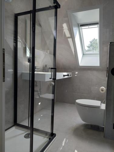 a bathroom with a glass shower and a toilet at Cozy Home in der Heide, zentral und ruhig in Schneverdingen