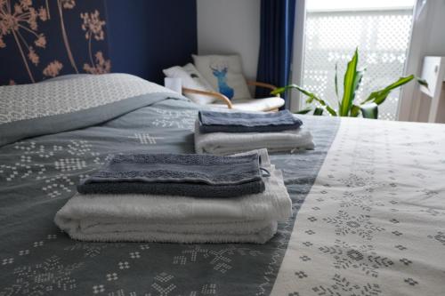 een groep handdoeken bovenop een bed bij Charmant Appartement au Pré in Pré Saint Gervais