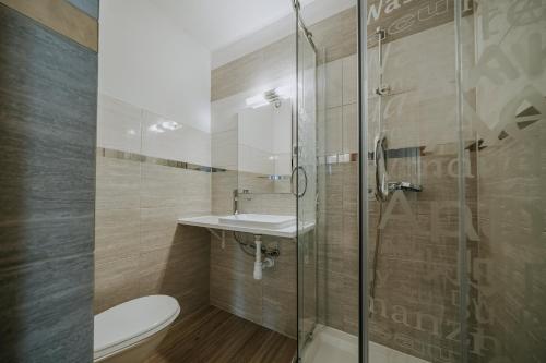 a bathroom with a toilet and a glass shower at Pokoje i apartament z widokiem na Tatry in Kościelisko
