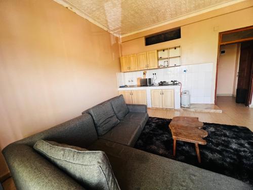 a living room with a couch and a kitchen at The home hive apartment in Kampala