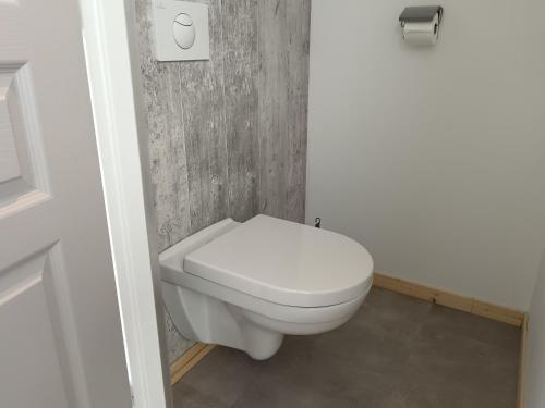 a bathroom with a white toilet in a room at L'ancienne forge 3 chambres d'hôtes à l'étage la forge , l'enclume et le marteau in Louvetot