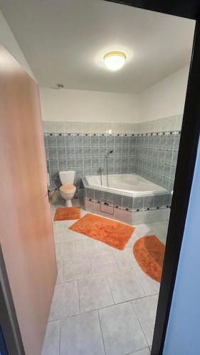 a bathroom with a tub and a toilet at Grandhotel Nový Bor in Nový Bor